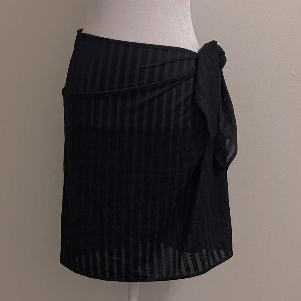 Anne Klein Black Sheer Vertical Striped Swimsuit Cover Up Sarong Skirt